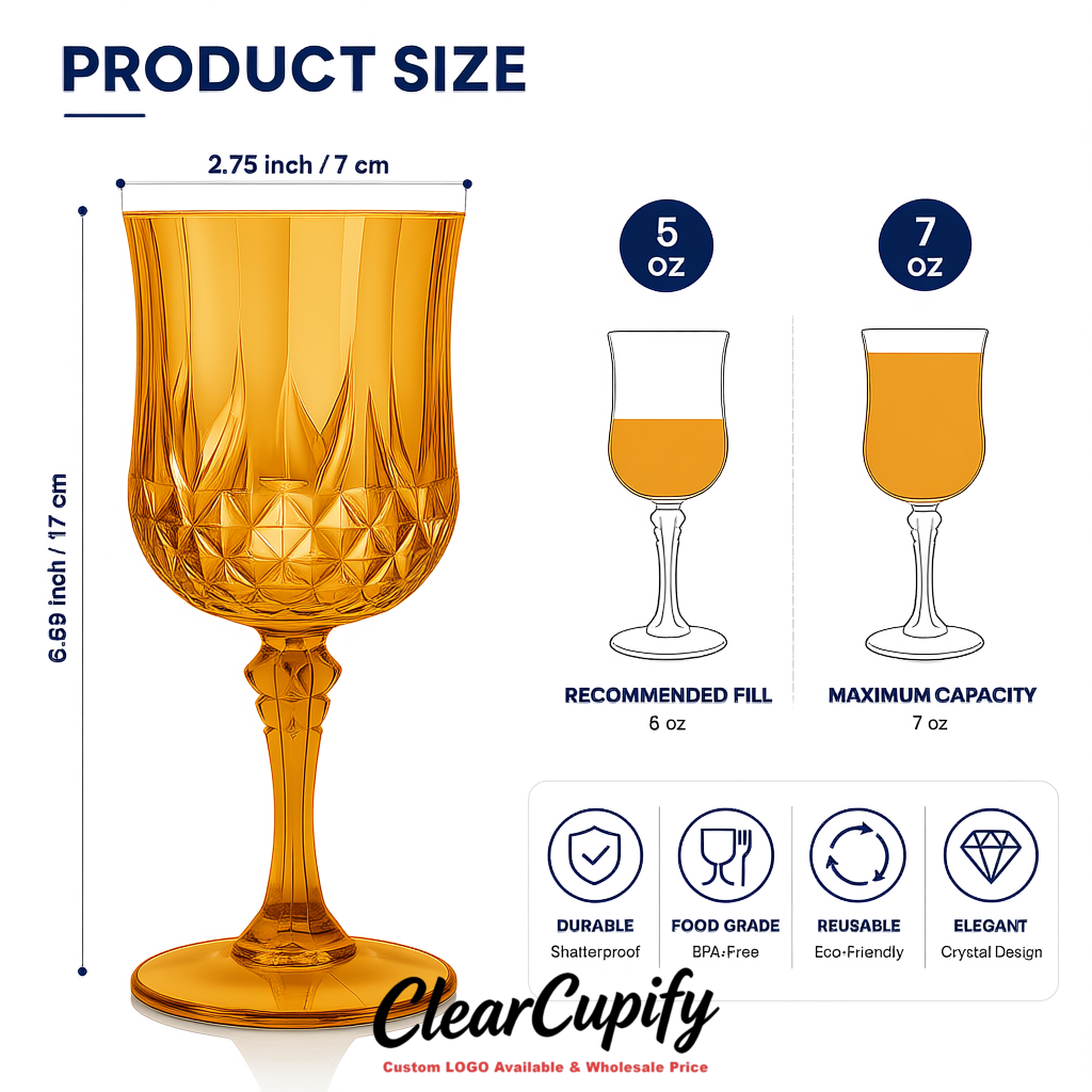 Ochre 7oz Acrylic Plastic Wine Goblets - 2.7 x 6.7 inches Party & Wedding Wine Glasses