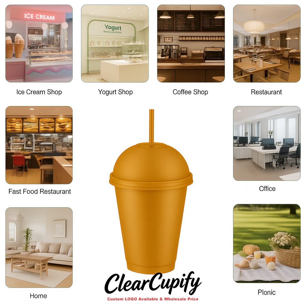 Ochre 16 oz Plastic Slushie Cups with Dome Lid & Detachable Spoon Straws for Milkshake, Boba, Smoothies, Iced Coffee
