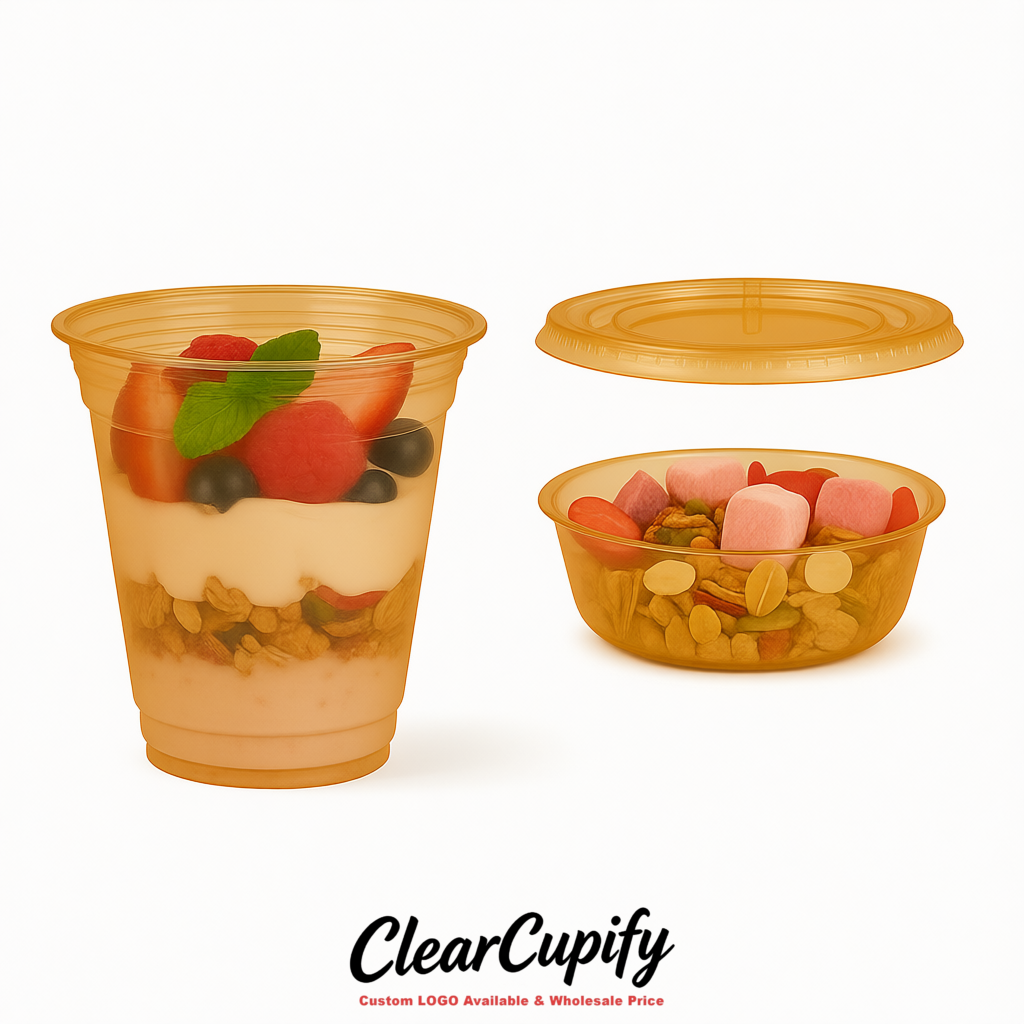 Ochre 12 oz Disposable Plastic Parfait Cups with Insert & Flat lids 3.85 x 2.1 x 4 inches