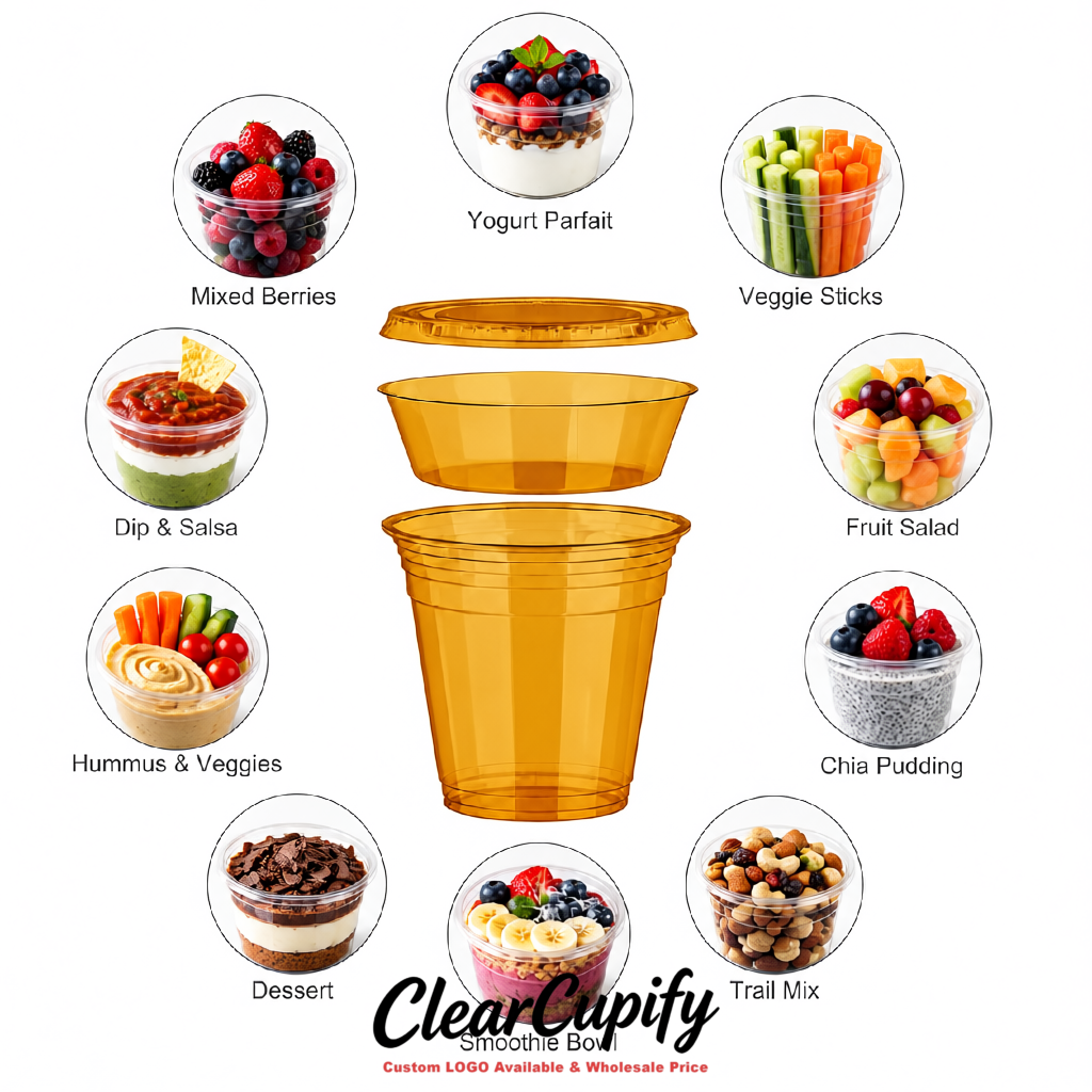 Ochre 12 oz Disposable Plastic Parfait Cups with Insert & Flat lids 3.85 x 2.1 x 4 inches