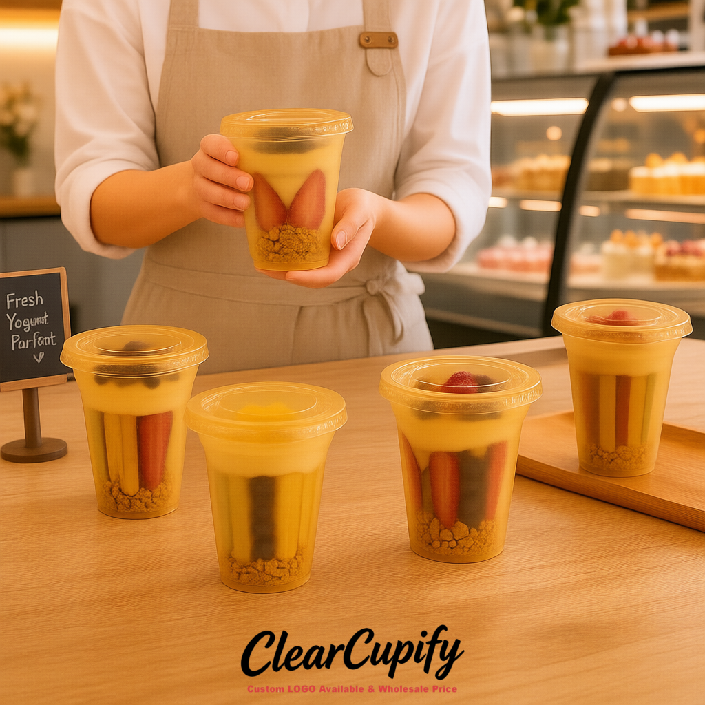 Ochre 12 oz Disposable Plastic Parfait Cups with Insert & Flat lids 3.85 x 2.1 x 4 inches