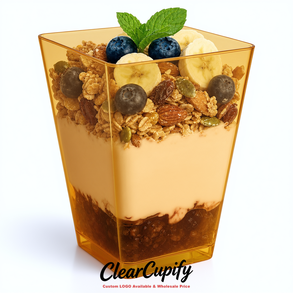 Wholesale Ochre 5 oz Square Clear Plastic Dessert Cups with Spoons for Appetizers, Puddings, Mousse, Parfait