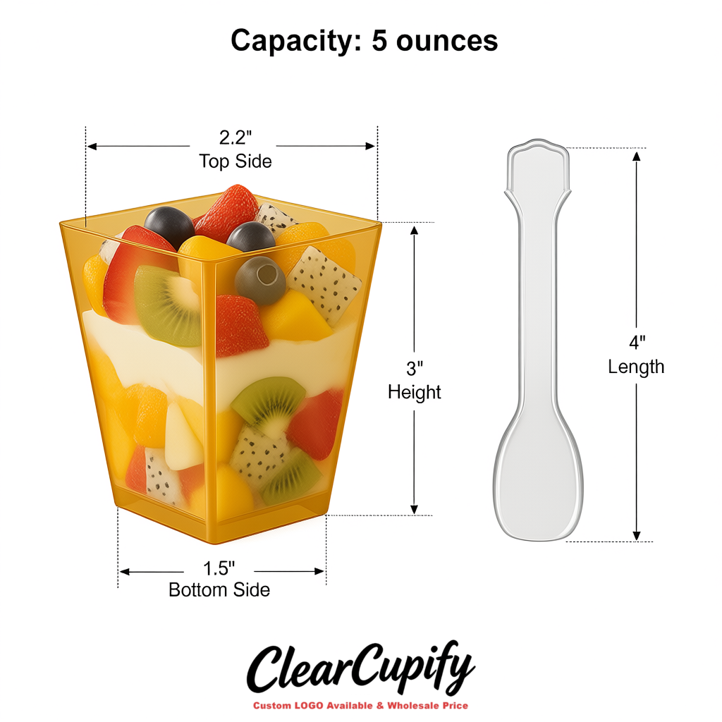 Wholesale Ochre 5 oz Square Clear Plastic Dessert Cups with Spoons for Appetizers, Puddings, Mousse, Parfait