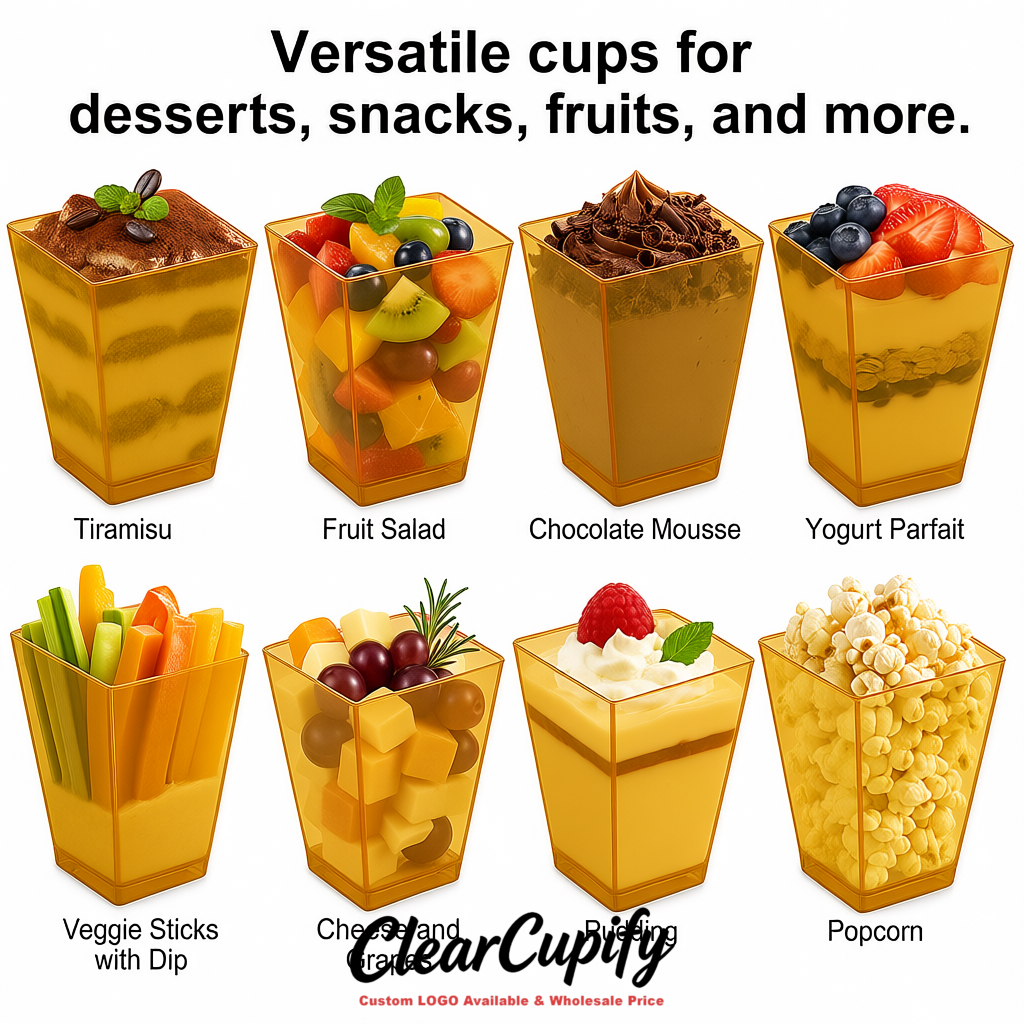 Wholesale Ochre 5 oz Square Clear Plastic Dessert Cups with Spoons for Appetizers, Puddings, Mousse, Parfait