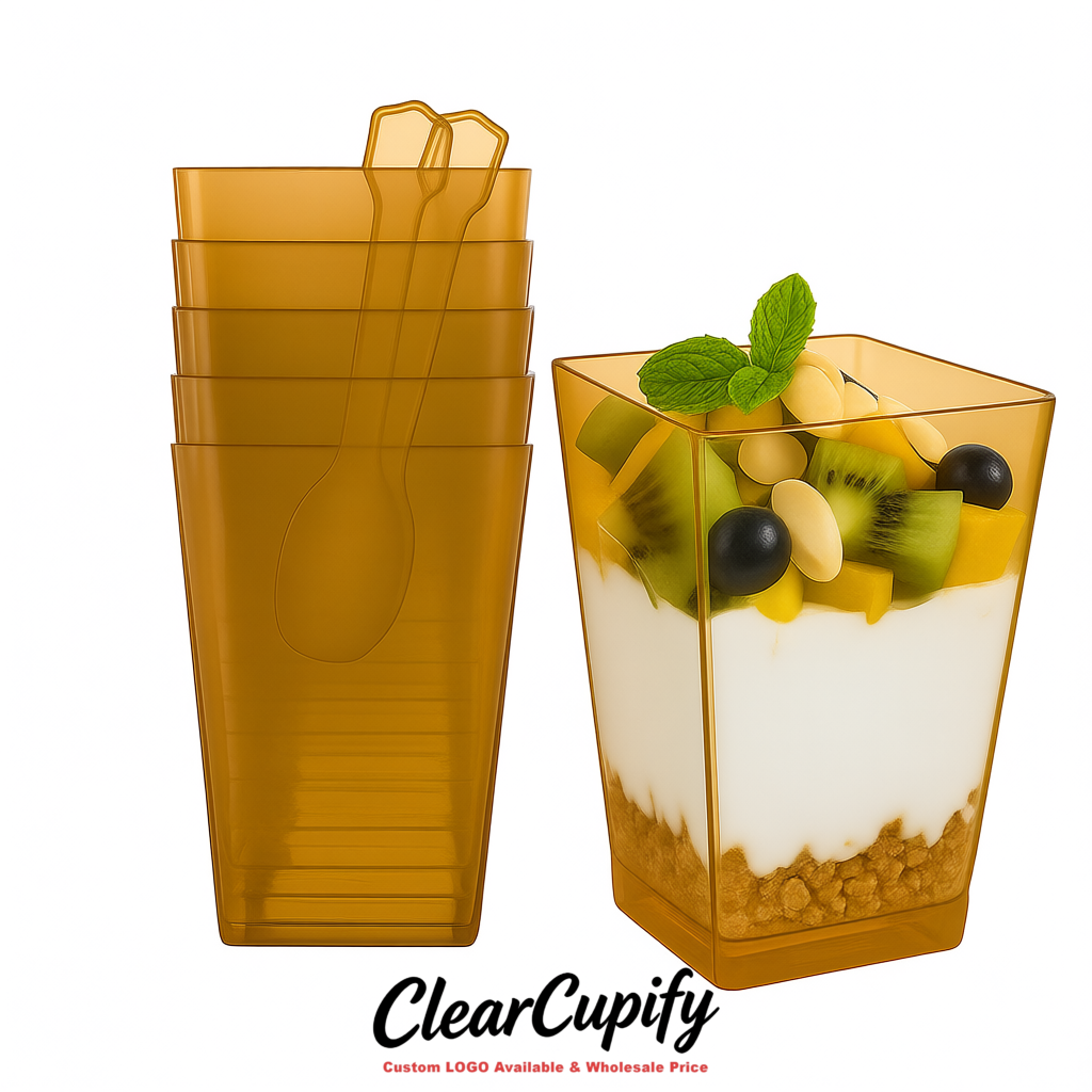 Wholesale Ochre 5 oz Square Clear Plastic Dessert Cups with Spoons for Appetizers, Puddings, Mousse, Parfait