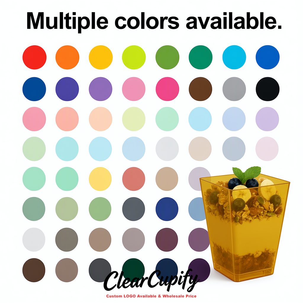 Wholesale Ochre 5 oz Square Clear Plastic Dessert Cups with Spoons for Appetizers, Puddings, Mousse, Parfait