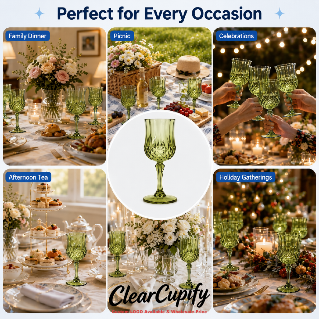 Olive Green 7oz Acrylic Plastic Wine Goblets - 2.7 x 6.7 inches Party & Wedding Wine Glasses