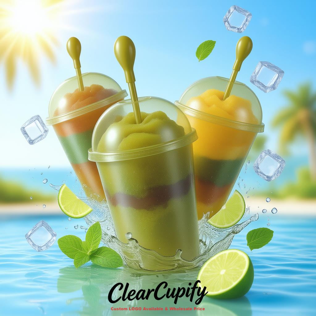 Olive Green 16 oz Plastic Slushie Cups with Dome Lid & Detachable Spoon Straws for Milkshake, Boba, Smoothies, Iced Coffee