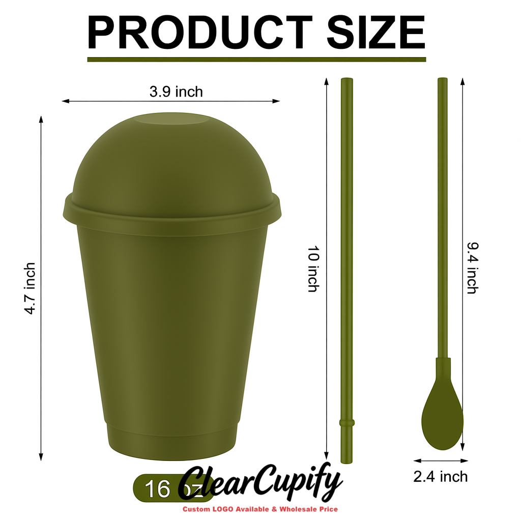 Olive Green 16 oz Plastic Slushie Cups with Dome Lid & Detachable Spoon Straws for Milkshake, Boba, Smoothies, Iced Coffee