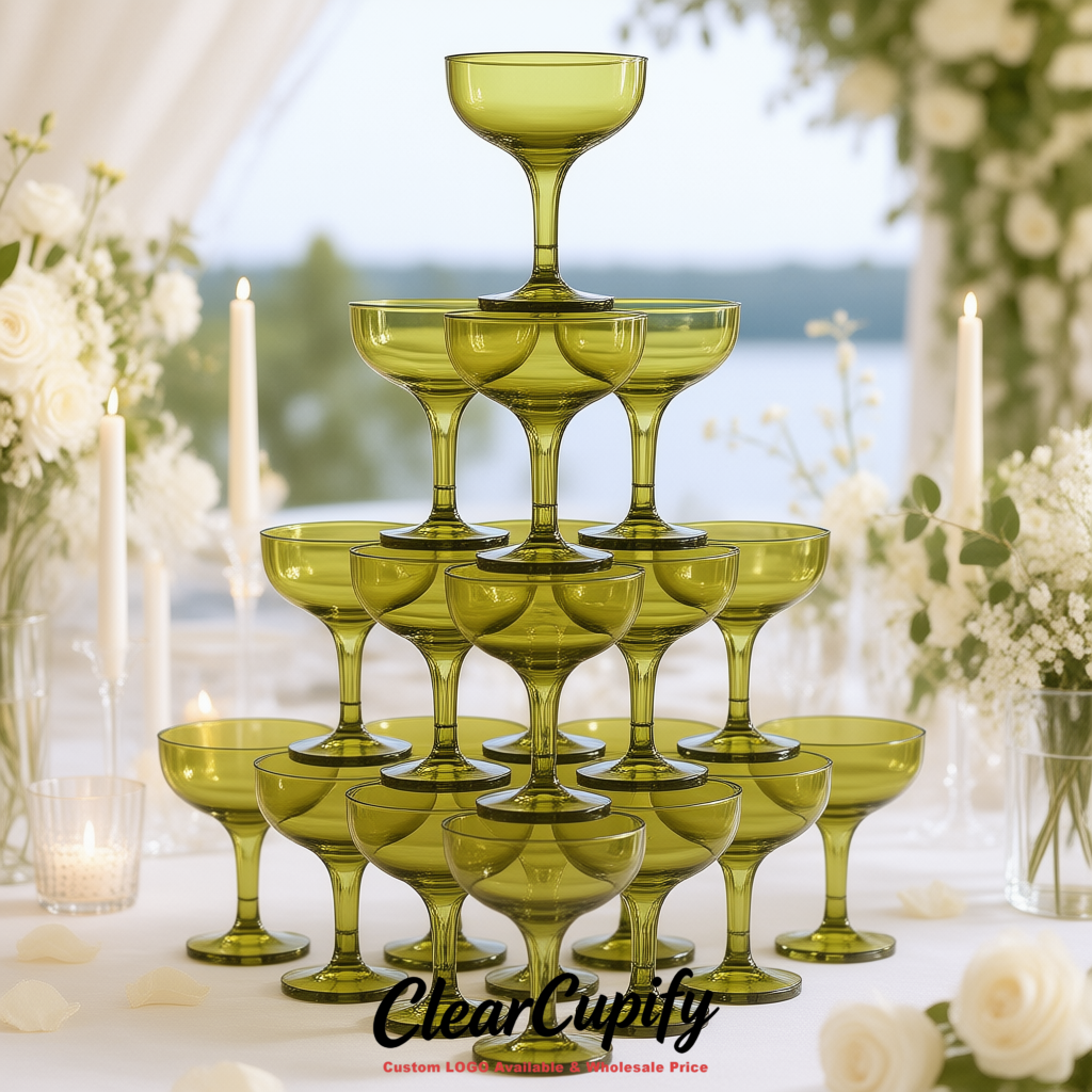 Olive Green 5oz Stackable Plastic Martini Glasses 4.13x3.14 inches/10.5x8 cm For Champagne Tower
