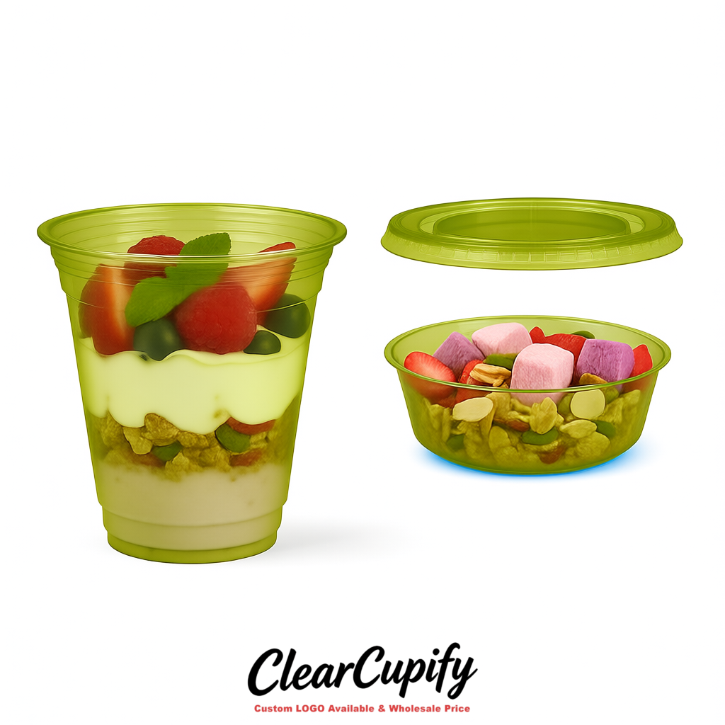 Olive Green 12 oz Disposable Plastic Parfait Cups with Insert & Flat lids 3.85 x 2.1 x 4 inches
