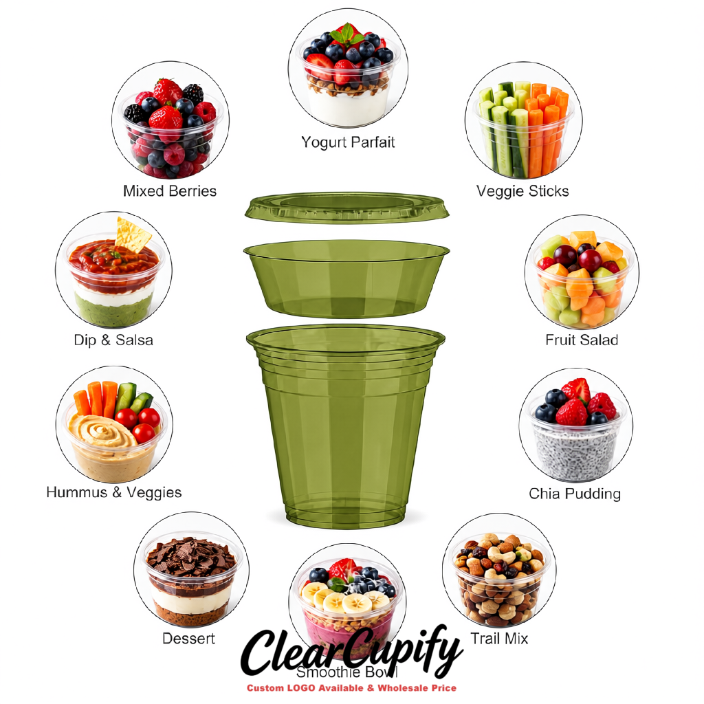 Olive Green 12 oz Disposable Plastic Parfait Cups with Insert & Flat lids 3.85 x 2.1 x 4 inches