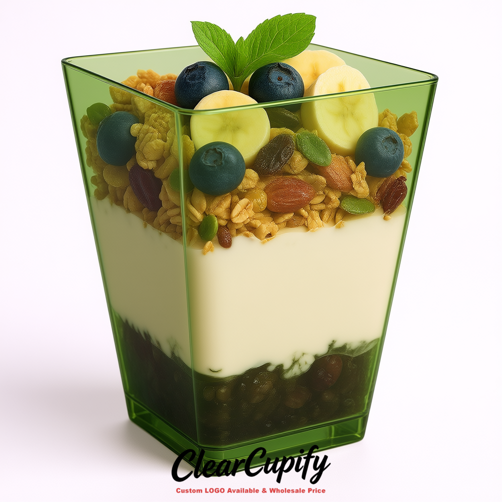 Wholesale Olive Green 5 oz Square Clear Plastic Dessert Cups with Spoons for Appetizers, Puddings, Mousse, Parfait