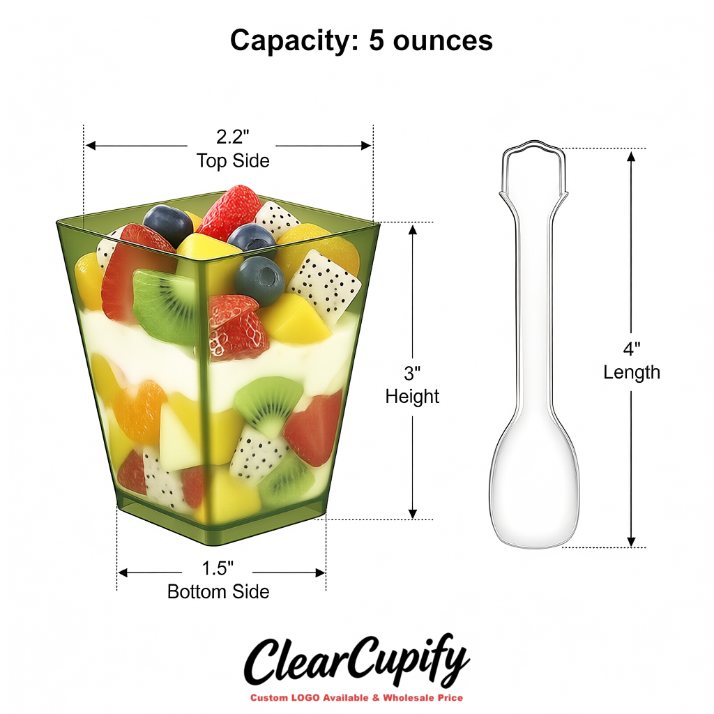 Wholesale Olive Green 5 oz Square Clear Plastic Dessert Cups with Spoons for Appetizers, Puddings, Mousse, Parfait