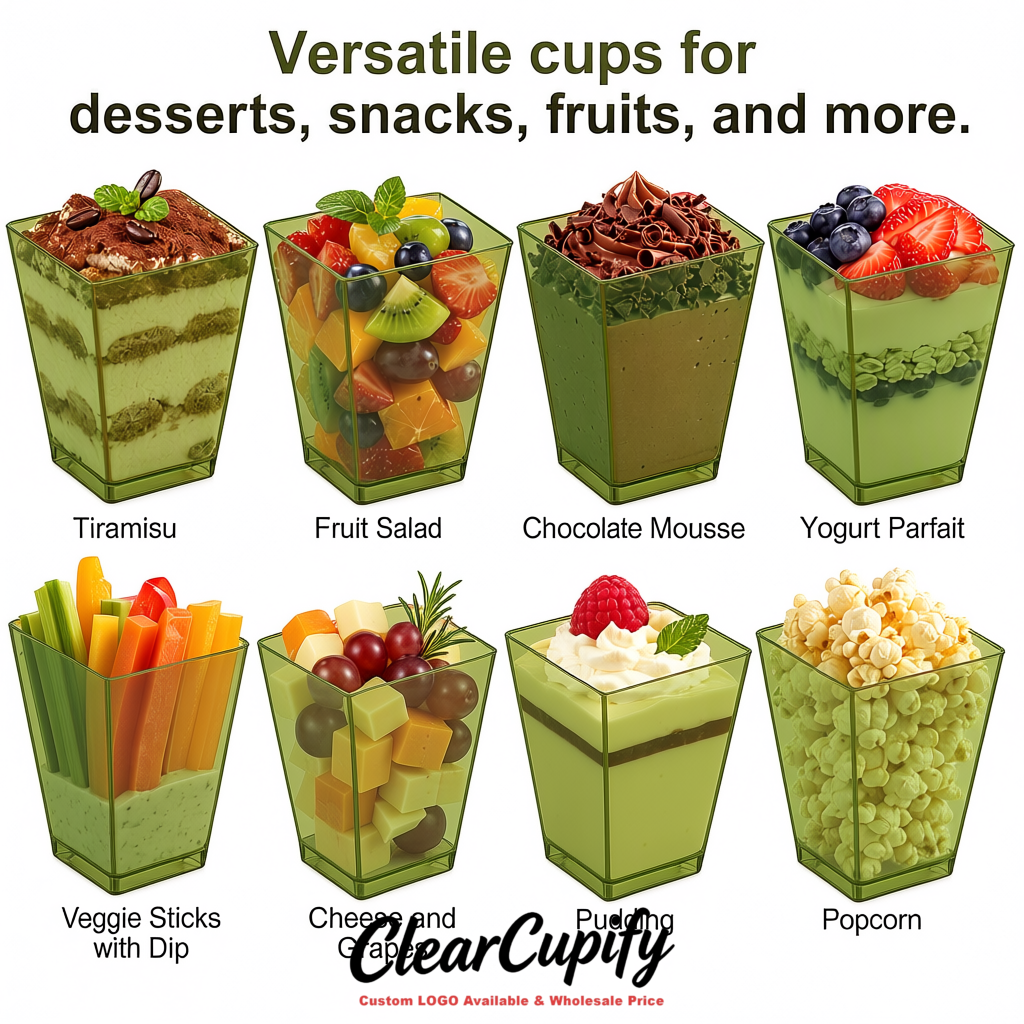 Wholesale Olive Green 5 oz Square Clear Plastic Dessert Cups with Spoons for Appetizers, Puddings, Mousse, Parfait