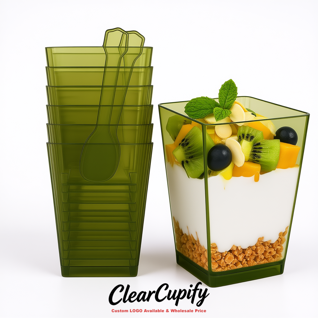 Wholesale Olive Green 5 oz Square Clear Plastic Dessert Cups with Spoons for Appetizers, Puddings, Mousse, Parfait