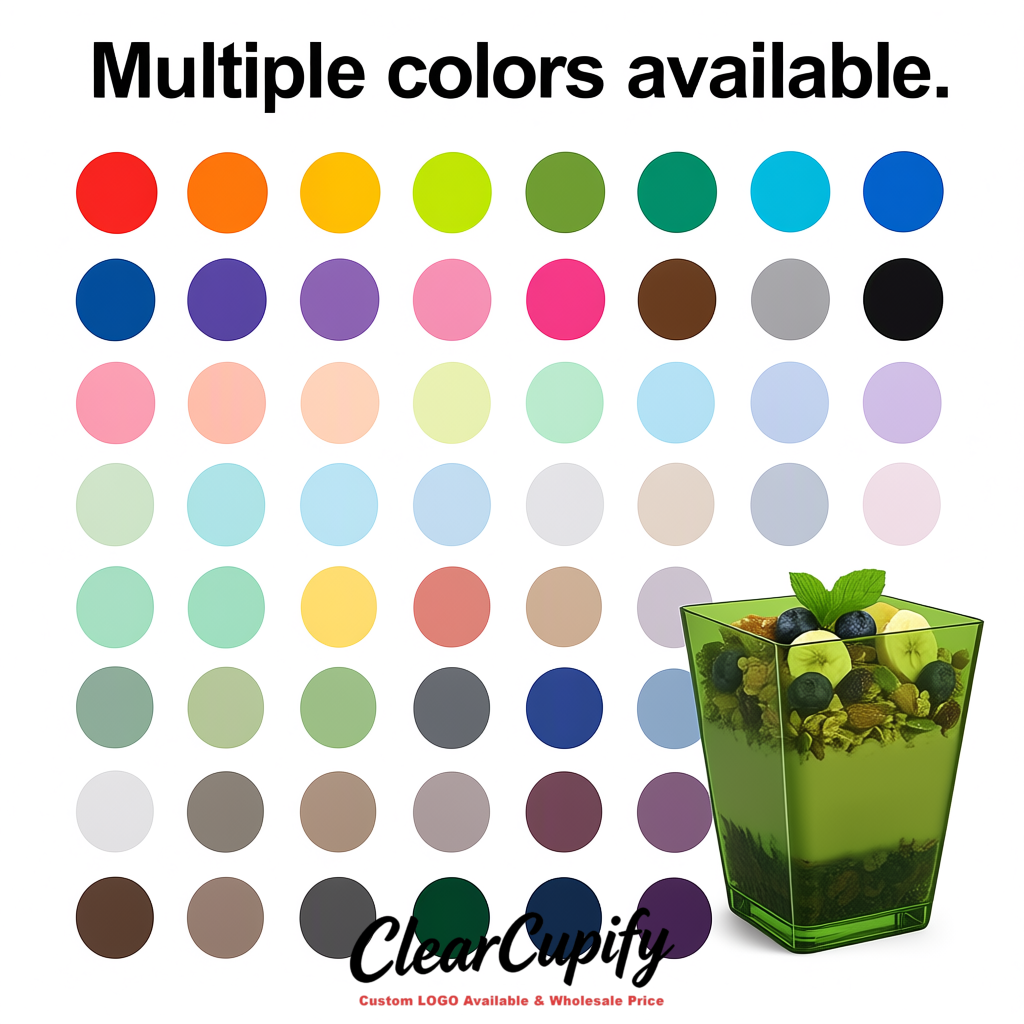 Wholesale Olive Green 5 oz Square Clear Plastic Dessert Cups with Spoons for Appetizers, Puddings, Mousse, Parfait