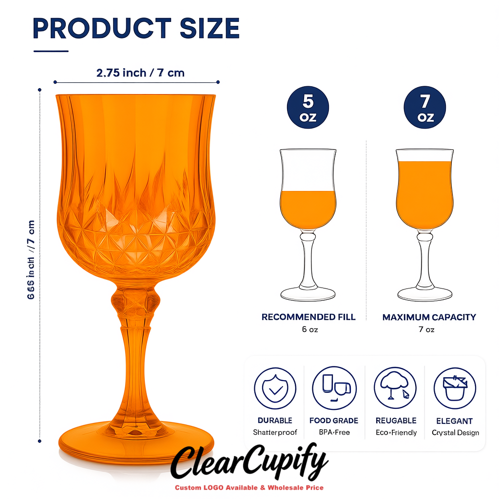 Orange 7oz Acrylic Plastic Wine Goblets - 2.7 x 6.7 inches Party & Wedding Wine Glasses