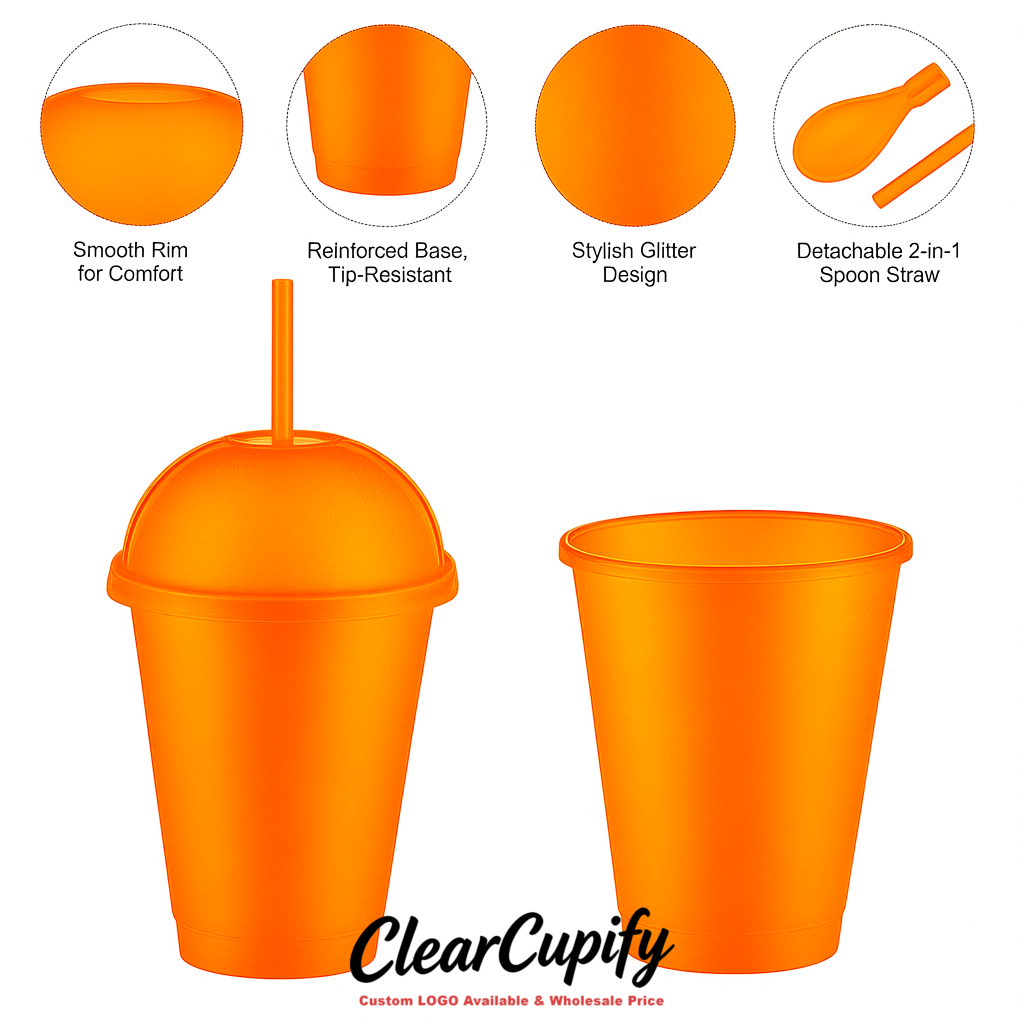 Orange 16 oz Plastic Slushie Cups with Dome Lid & Detachable Spoon Straws for Milkshake, Boba, Smoothies, Iced Coffee
