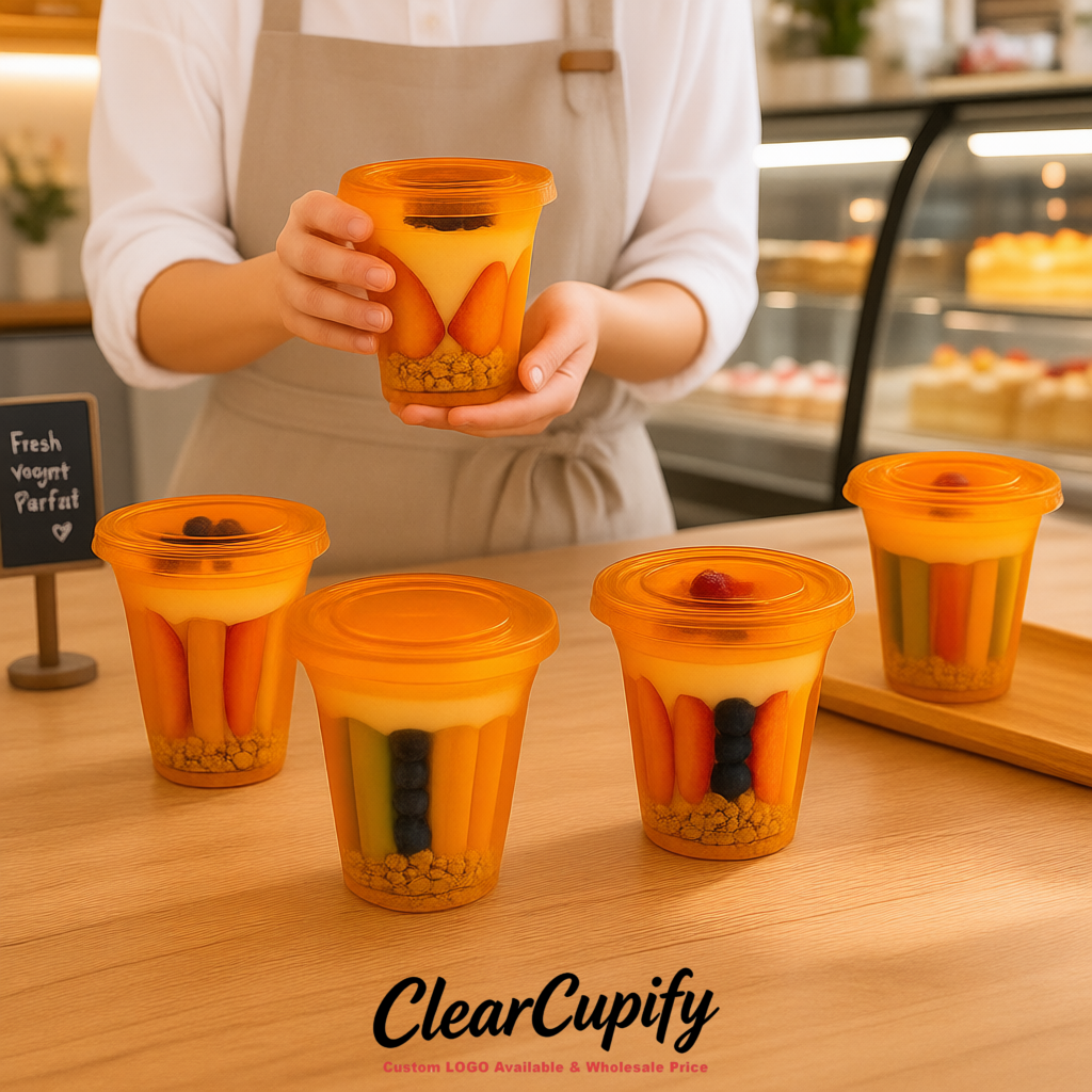 Orange 12 oz Disposable Plastic Parfait Cups with Insert & Flat lids 3.85 x 2.1 x 4 inches