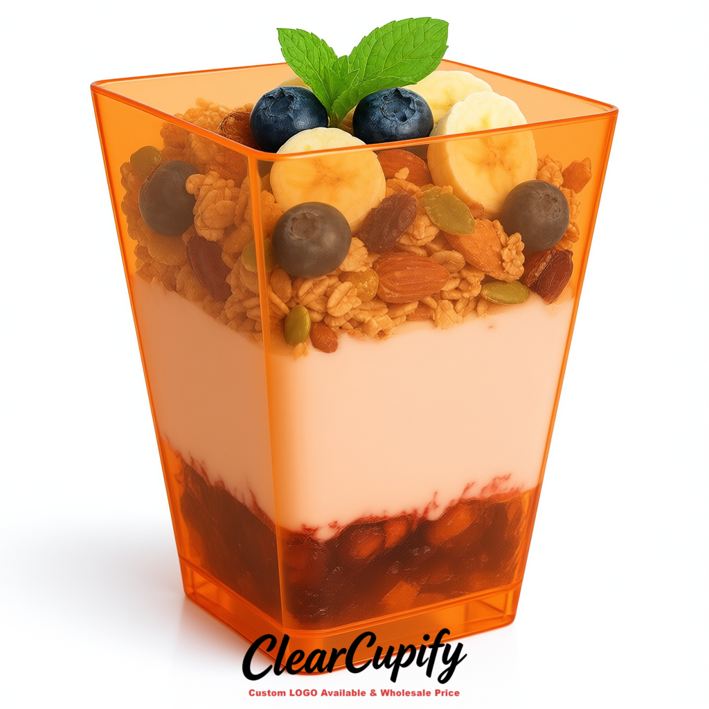 Wholesale Orange 5 oz Square Clear Plastic Dessert Cups with Spoons for Appetizers, Puddings, Mousse, Parfait