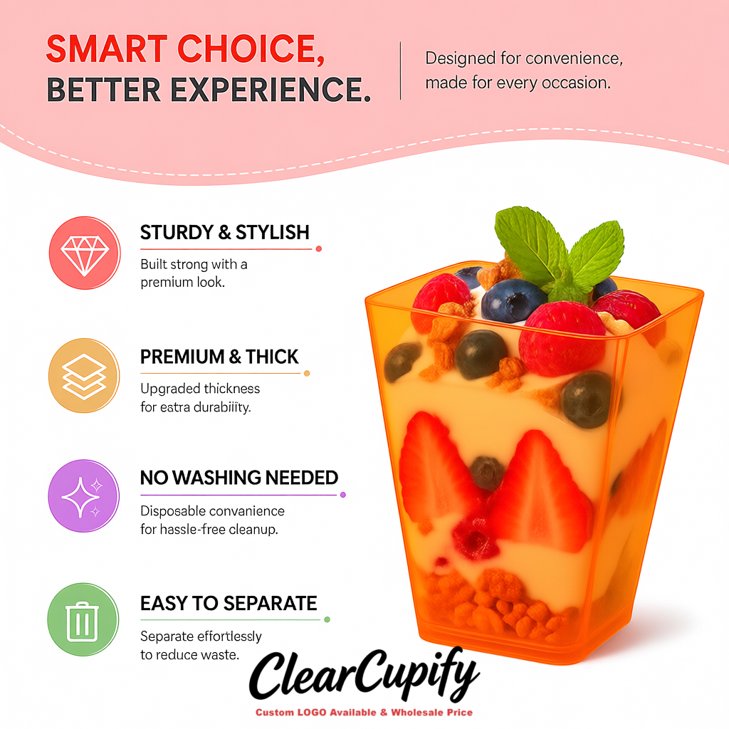 Wholesale Orange 5 oz Square Clear Plastic Dessert Cups with Spoons for Appetizers, Puddings, Mousse, Parfait