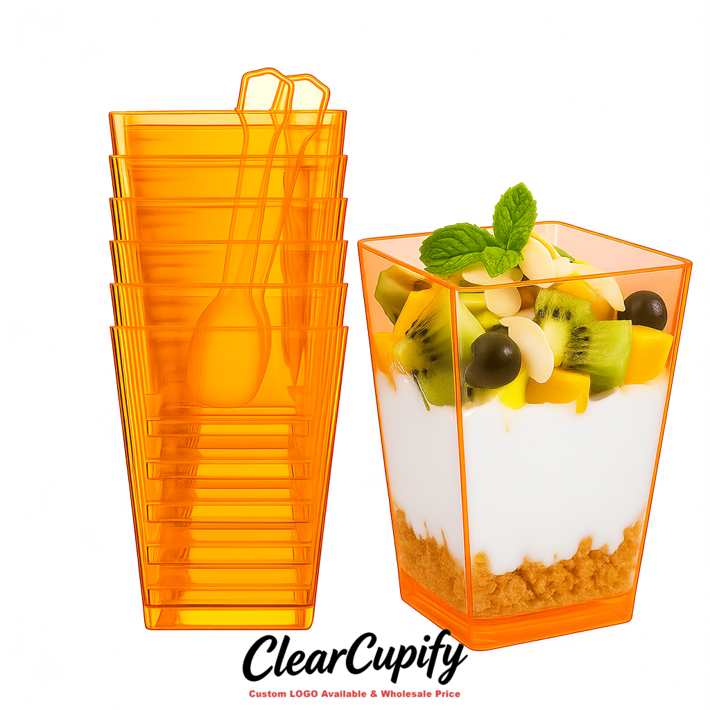 Wholesale Orange 5 oz Square Clear Plastic Dessert Cups with Spoons for Appetizers, Puddings, Mousse, Parfait