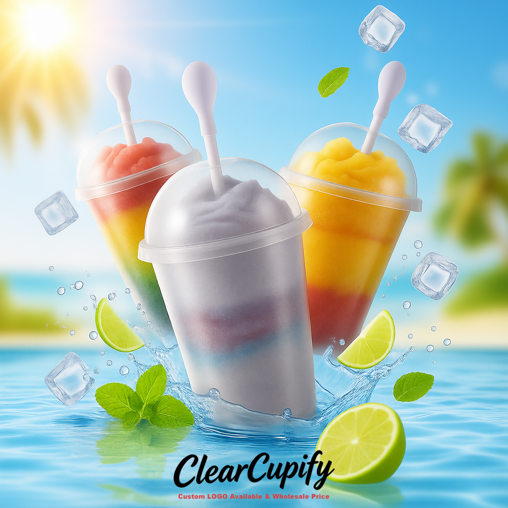 Periwinkle 16 oz Plastic Slushie Cups with Dome Lid & Detachable Spoon Straws for Milkshake, Boba, Smoothies, Iced Coffee