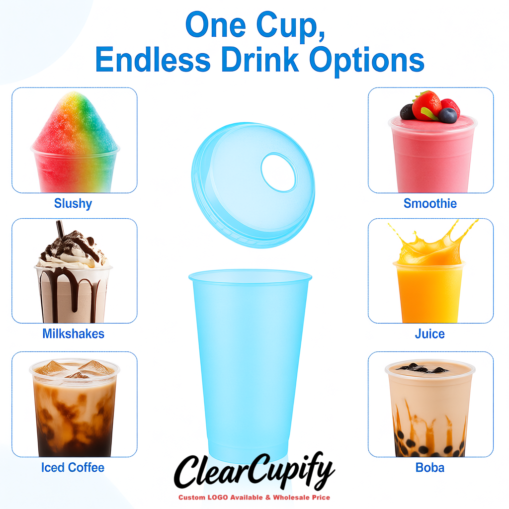 Periwinkle 16 oz Plastic Slushie Cups with Dome Lid & Detachable Spoon Straws for Milkshake, Boba, Smoothies, Iced Coffee