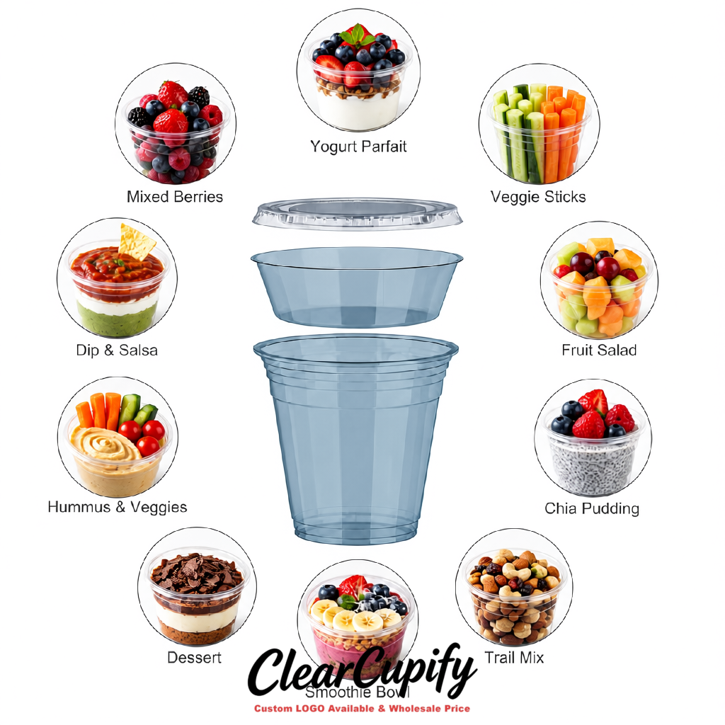 Periwinkle 12 oz Disposable Plastic Parfait Cups with Insert & Flat lids 3.85 x 2.1 x 4 inches