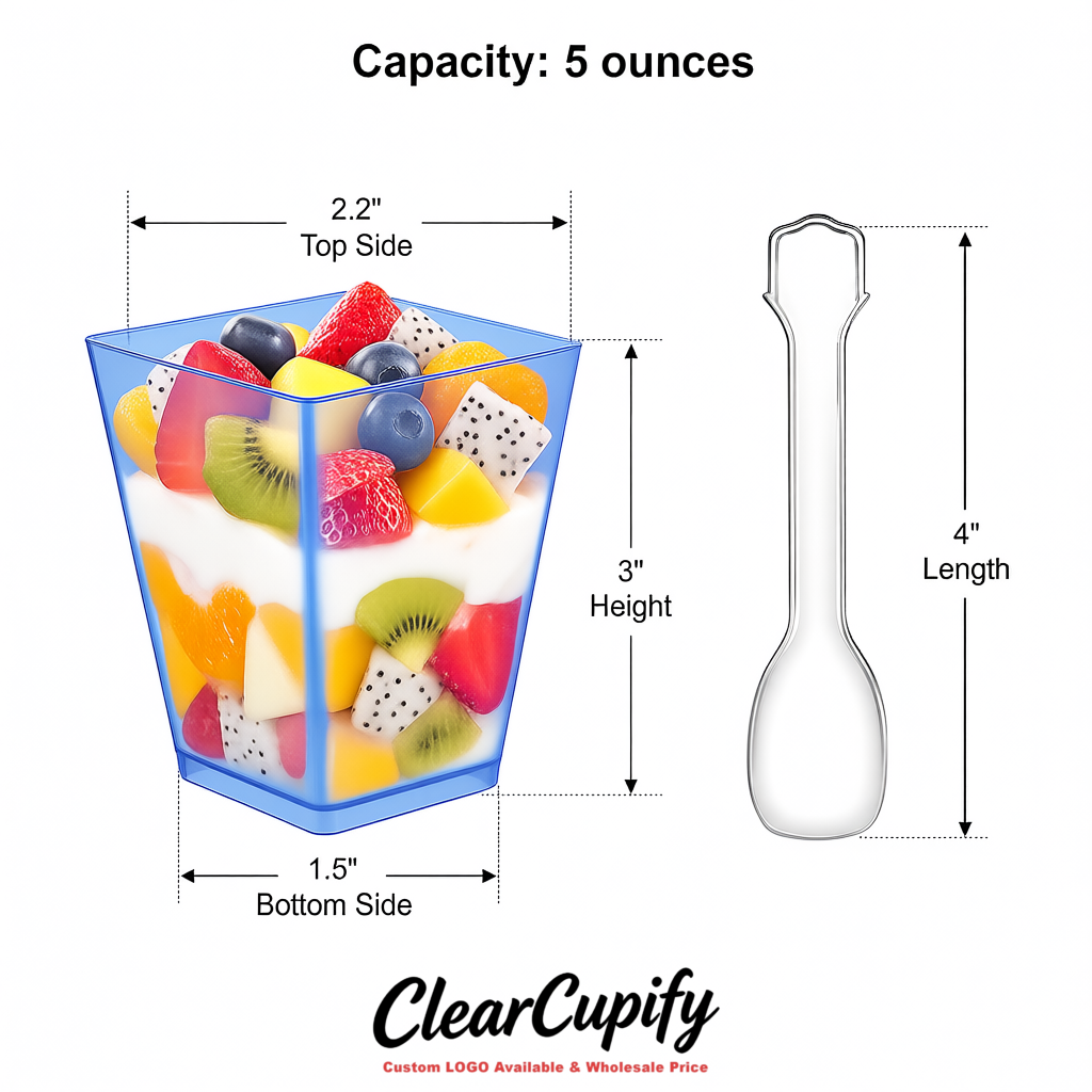 Wholesale Periwinkle 5 oz Square Clear Plastic Dessert Cups with Spoons for Appetizers, Puddings, Mousse, Parfait