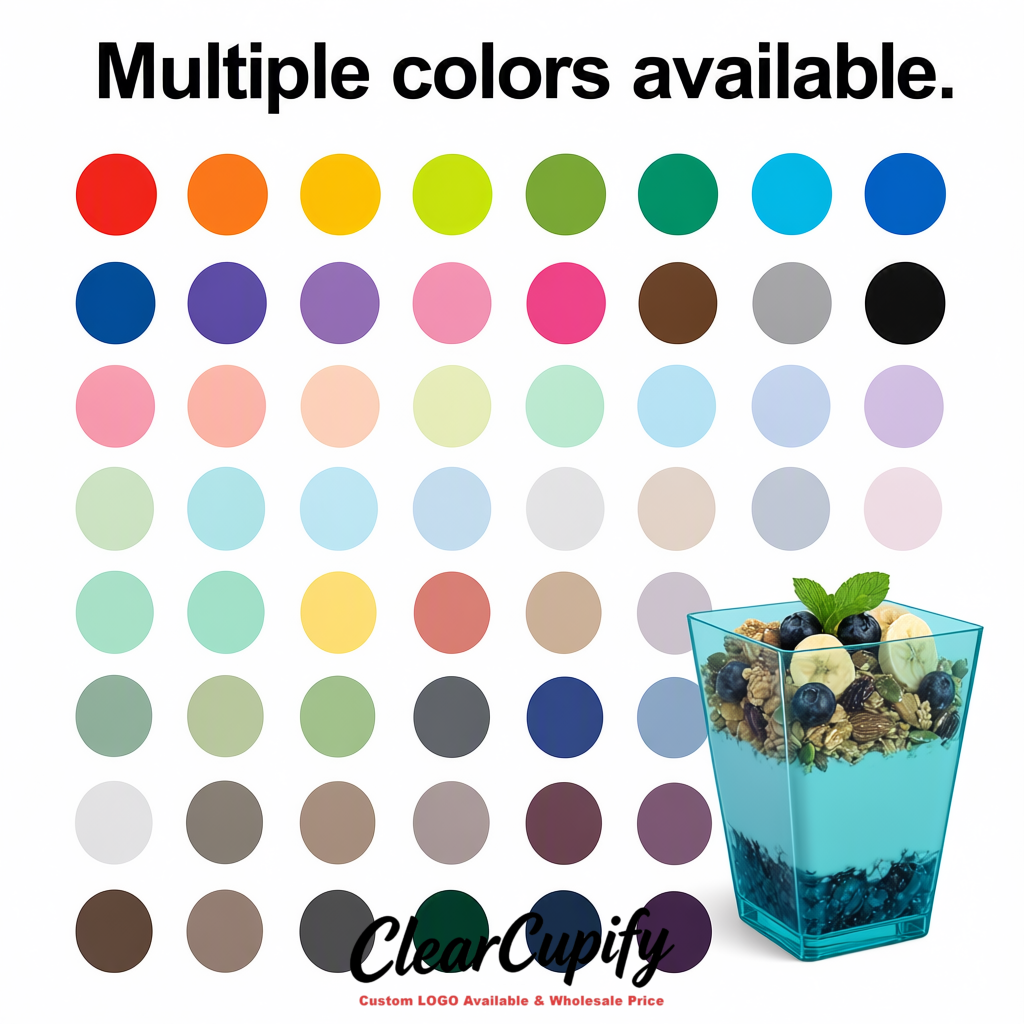 Wholesale Periwinkle 5 oz Square Clear Plastic Dessert Cups with Spoons for Appetizers, Puddings, Mousse, Parfait
