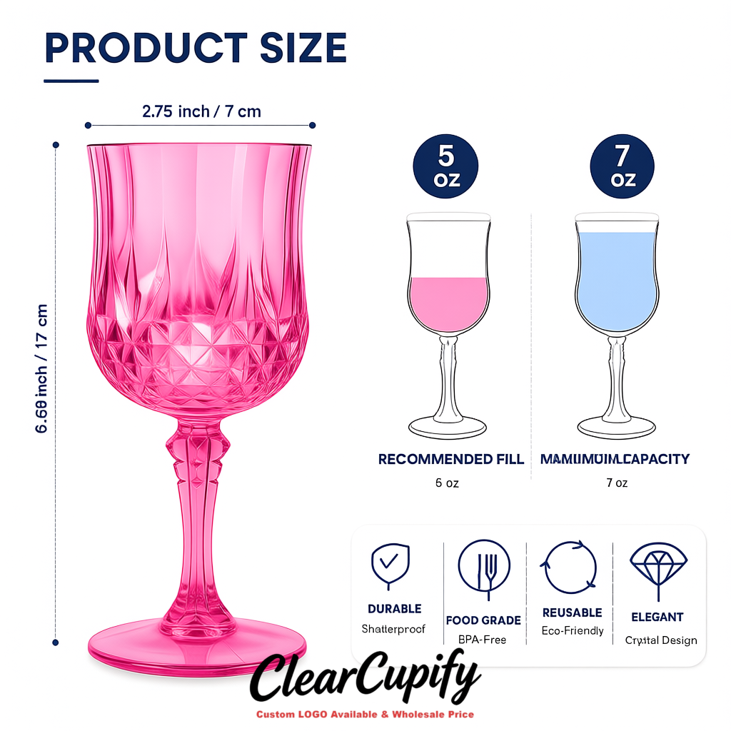 Pink 7oz Acrylic Plastic Wine Goblets - 2.7 x 6.7 inches Party & Wedding Wine Glasses
