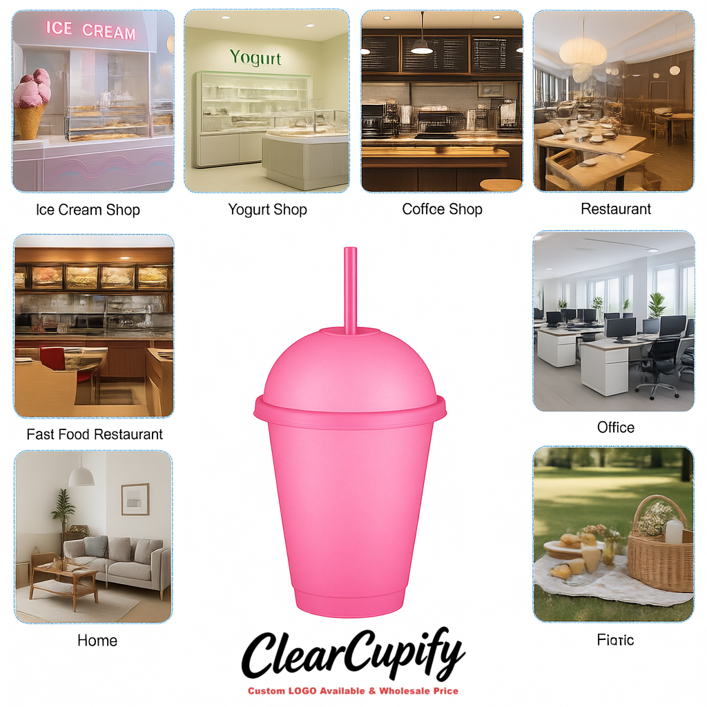 Pink 16 oz Plastic Slushie Cups with Dome Lid & Detachable Spoon Straws for Milkshake, Boba, Smoothies, Iced Coffee