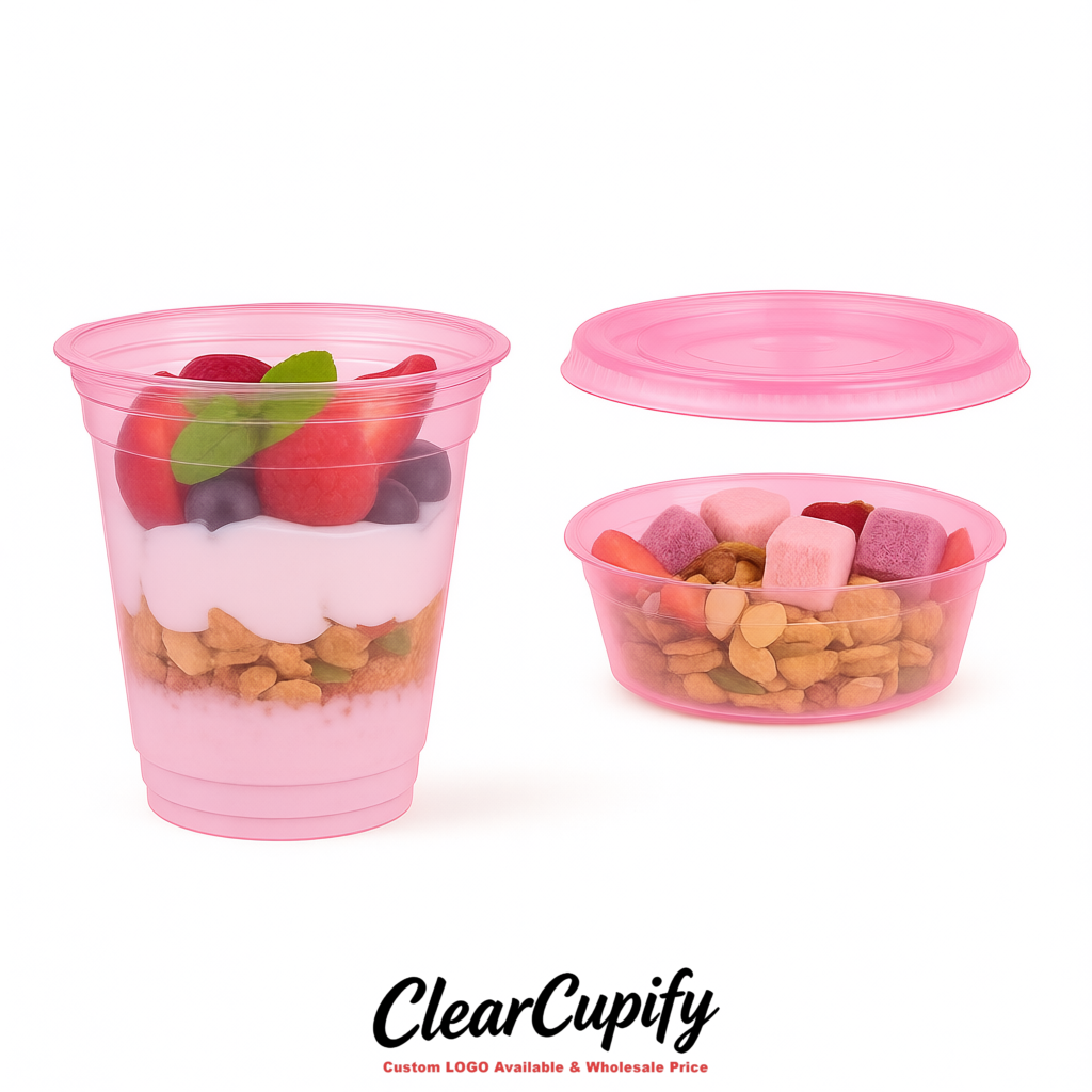 Pink 12 oz Disposable Plastic Parfait Cups with Insert & Flat lids 3.85 x 2.1 x 4 inches