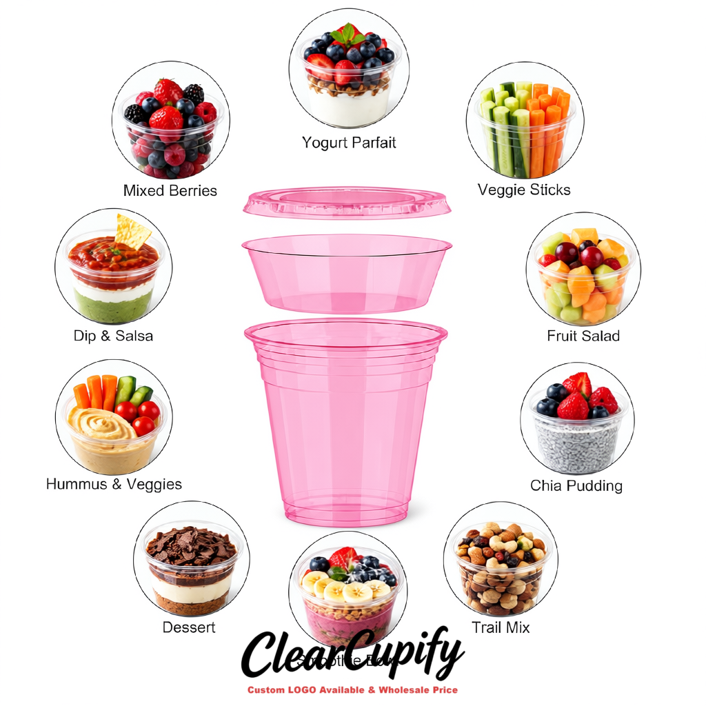 Pink 12 oz Disposable Plastic Parfait Cups with Insert & Flat lids 3.85 x 2.1 x 4 inches