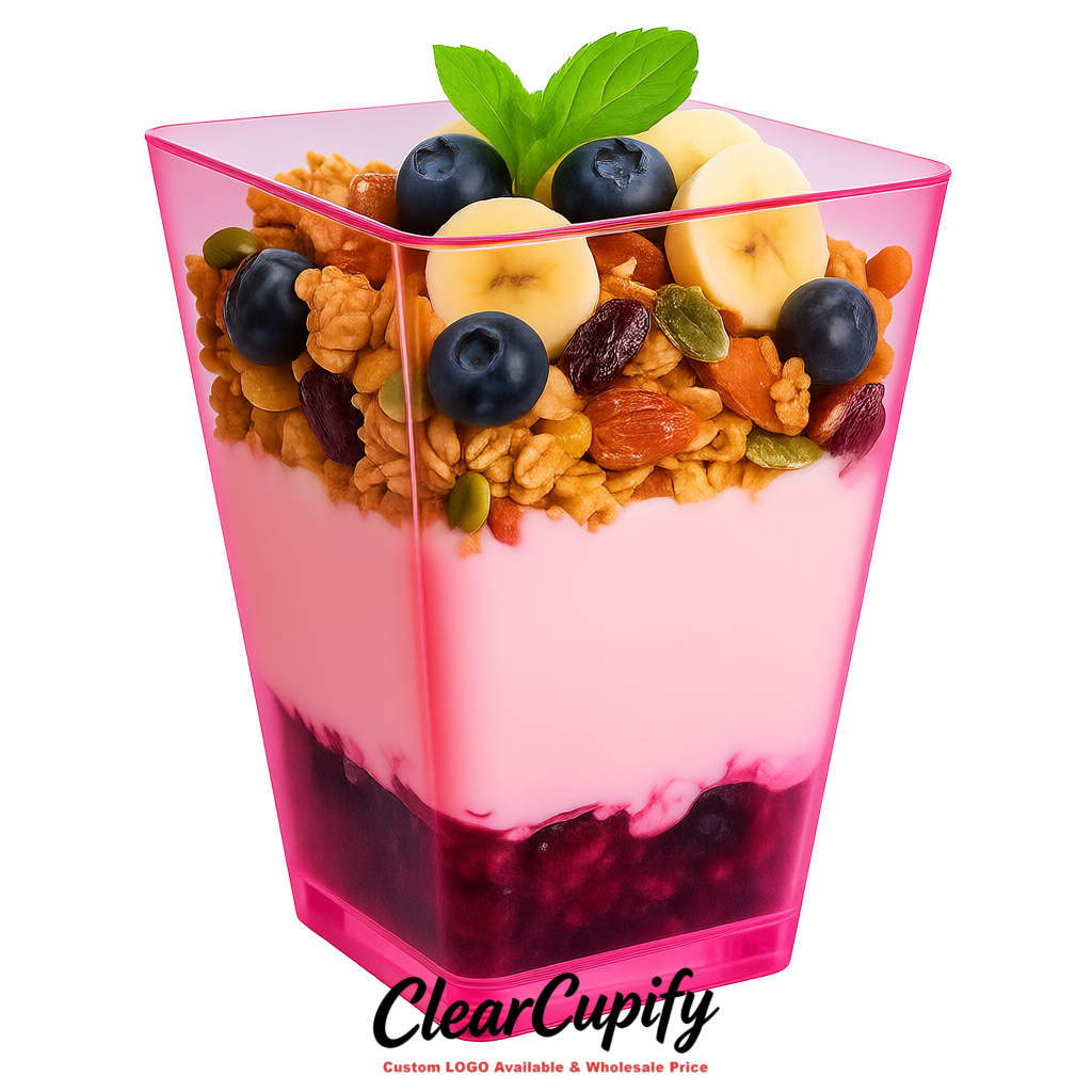 Wholesale Pink 5 oz Square Clear Plastic Dessert Cups with Spoons for Appetizers, Puddings, Mousse, Parfait