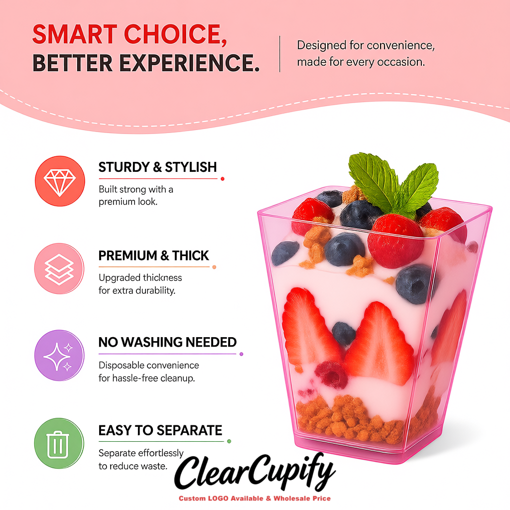 Wholesale Pink 5 oz Square Clear Plastic Dessert Cups with Spoons for Appetizers, Puddings, Mousse, Parfait