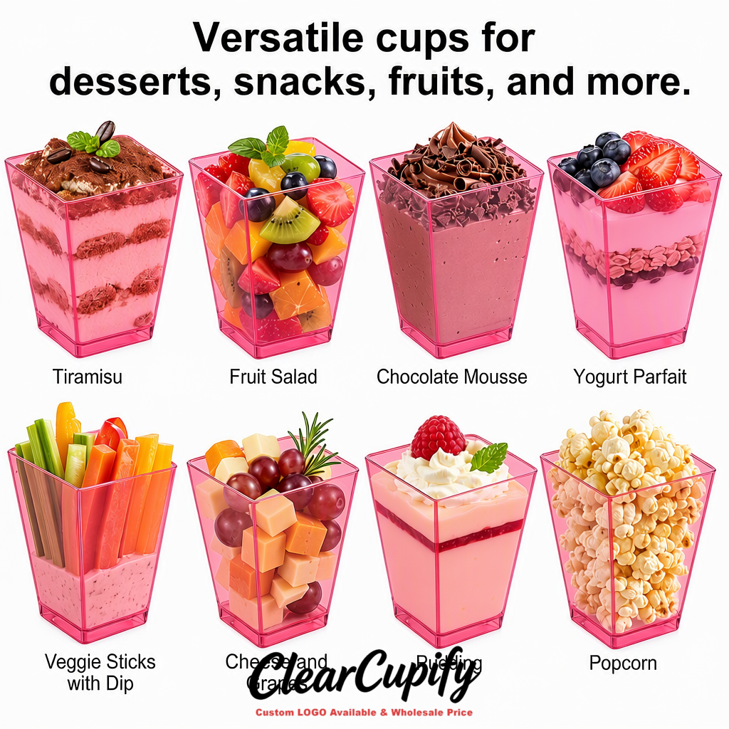 Wholesale Pink 5 oz Square Clear Plastic Dessert Cups with Spoons for Appetizers, Puddings, Mousse, Parfait