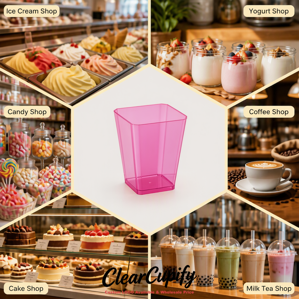 Wholesale Pink 5 oz Square Clear Plastic Dessert Cups with Spoons for Appetizers, Puddings, Mousse, Parfait