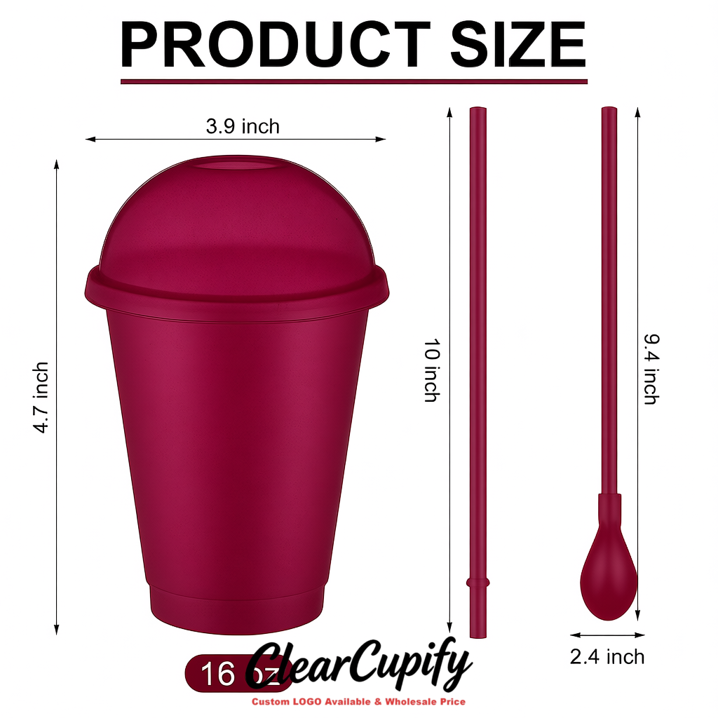 Plum 16 oz Plastic Slushie Cups with Dome Lid & Detachable Spoon Straws for Milkshake, Boba, Smoothies, Iced Coffee