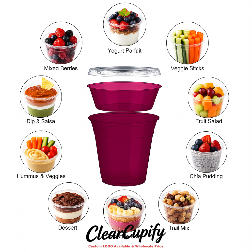 Plum 12 oz Disposable Plastic Parfait Cups with Insert & Flat lids 3.85 x 2.1 x 4 inches
