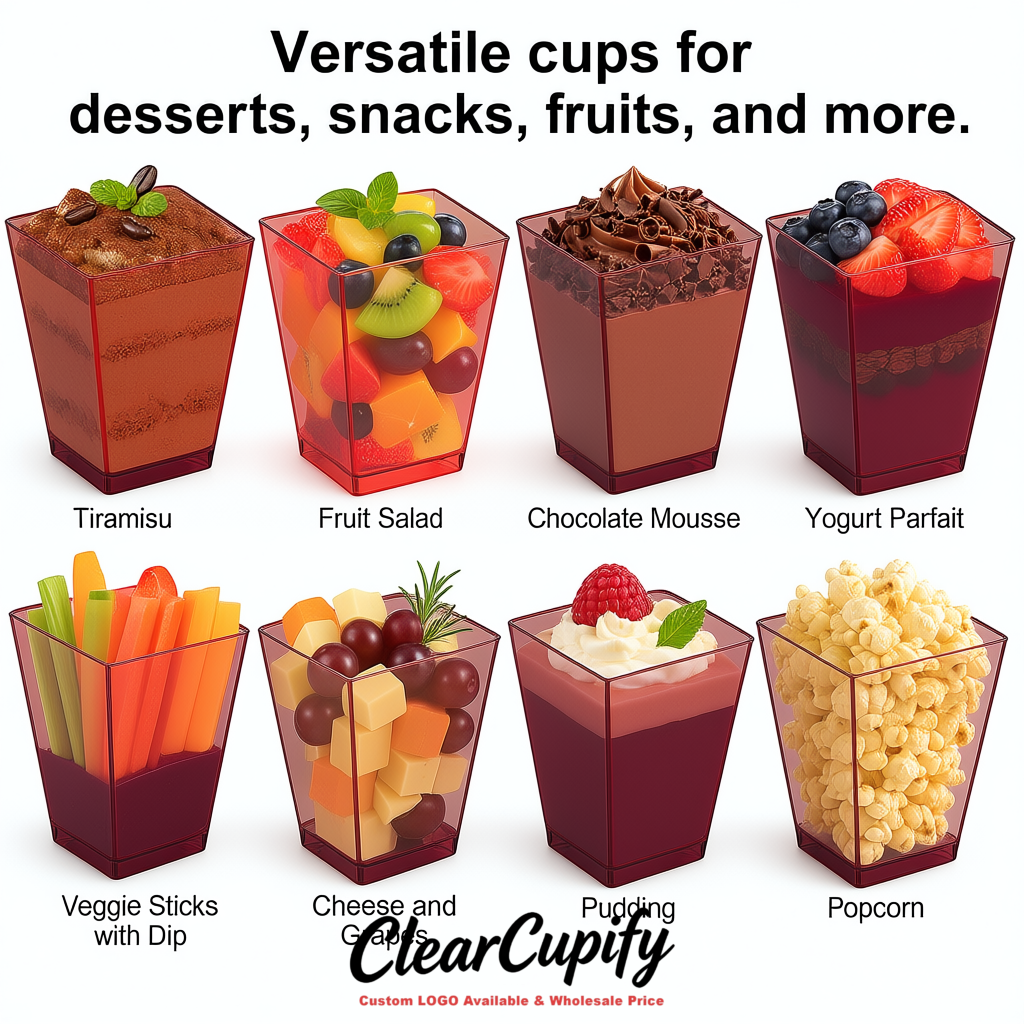 Wholesale Plum 5 oz Square Clear Plastic Dessert Cups with Spoons for Appetizers, Puddings, Mousse, Parfait