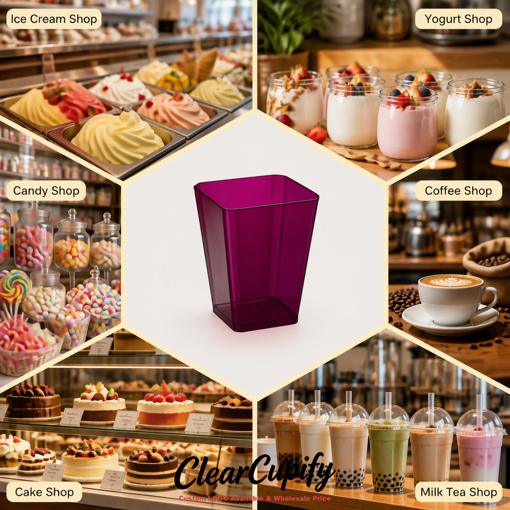 Wholesale Plum 5 oz Square Clear Plastic Dessert Cups with Spoons for Appetizers, Puddings, Mousse, Parfait