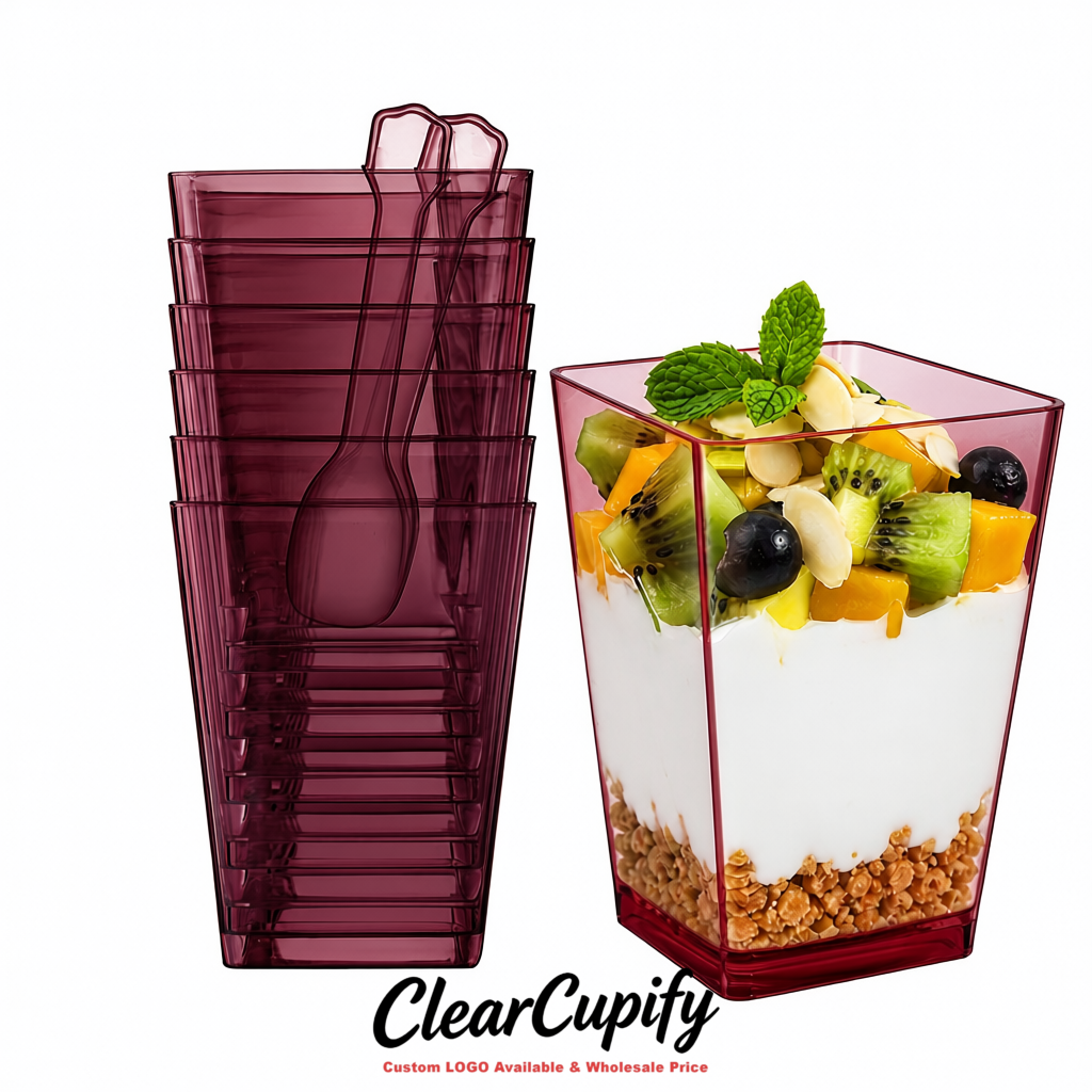 Wholesale Plum 5 oz Square Clear Plastic Dessert Cups with Spoons for Appetizers, Puddings, Mousse, Parfait