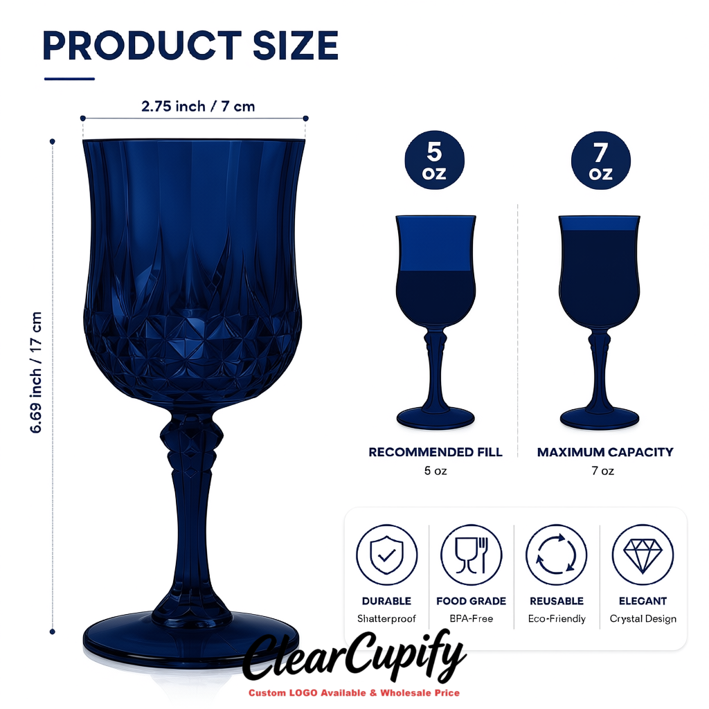 Prussian Blue 7oz Acrylic Plastic Wine Goblets - 2.7 x 6.7 inches Party & Wedding Wine Glasses