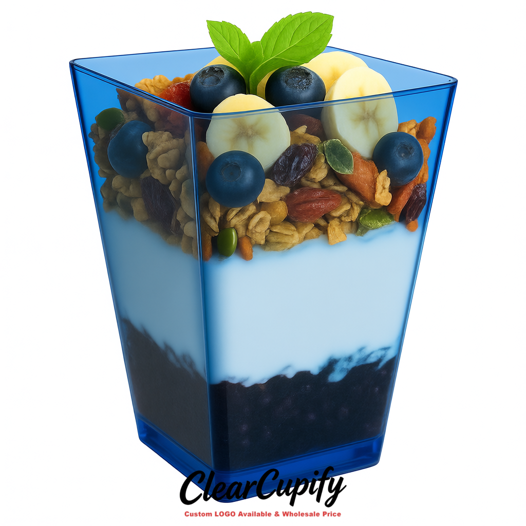 Wholesale Prussian Blue 5 oz Square Clear Plastic Dessert Cups with Spoons for Appetizers, Puddings, Mousse, Parfait