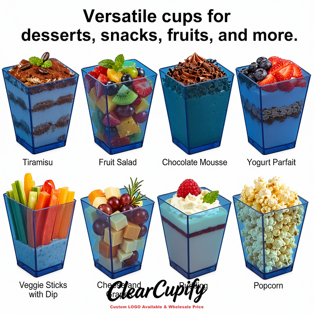 Wholesale Prussian Blue 5 oz Square Clear Plastic Dessert Cups with Spoons for Appetizers, Puddings, Mousse, Parfait