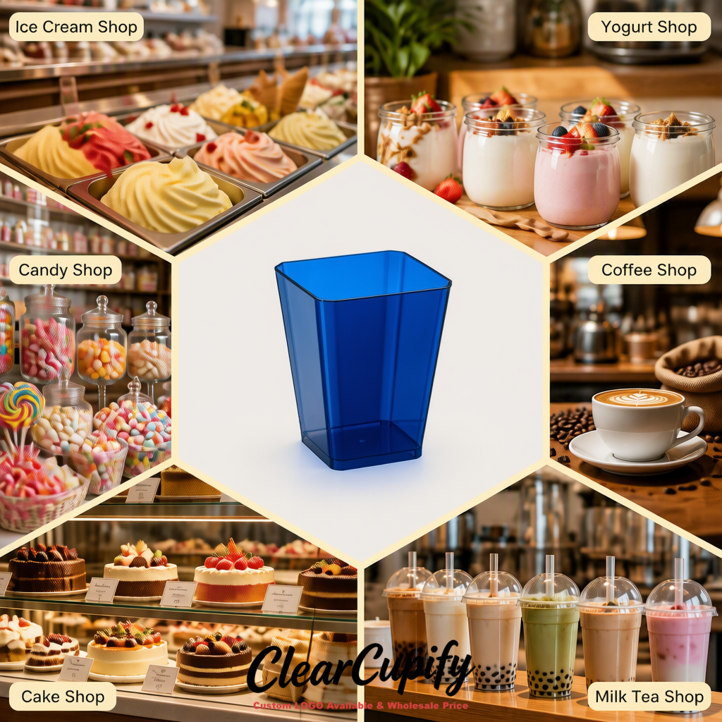 Wholesale Prussian Blue 5 oz Square Clear Plastic Dessert Cups with Spoons for Appetizers, Puddings, Mousse, Parfait