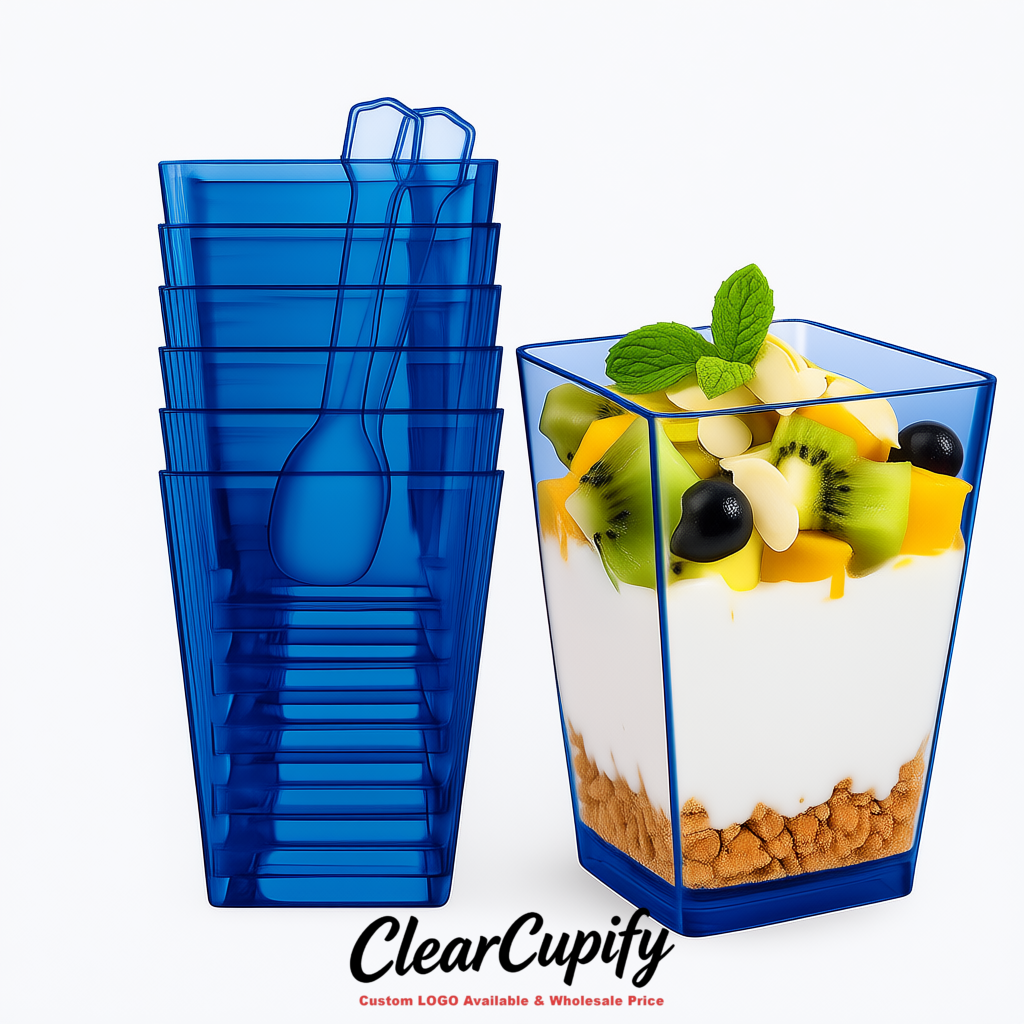 Wholesale Prussian Blue 5 oz Square Clear Plastic Dessert Cups with Spoons for Appetizers, Puddings, Mousse, Parfait